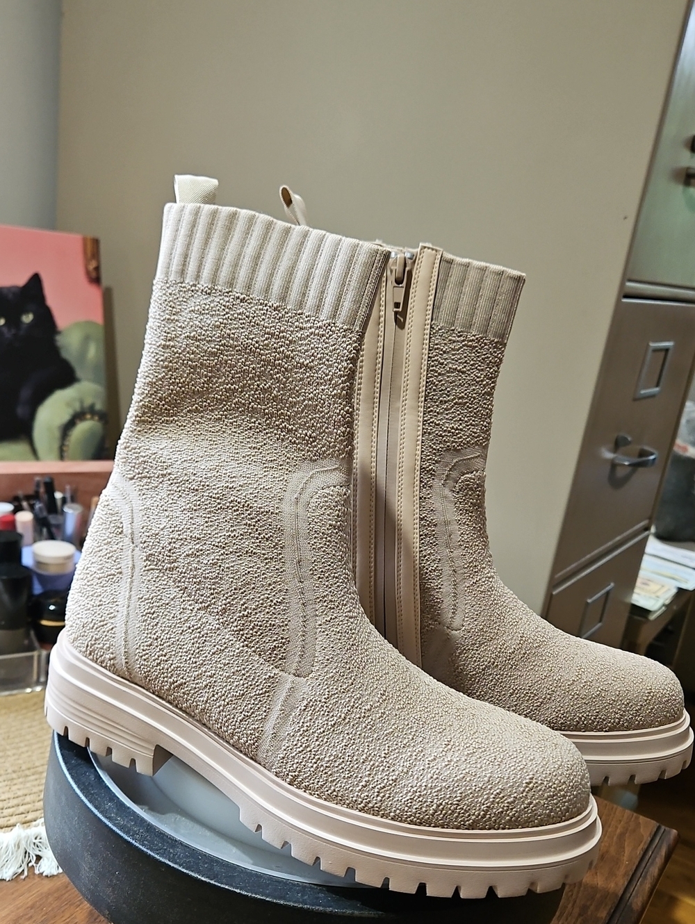 Vaneli Cream Textured Knit-Collar Ankle Boots